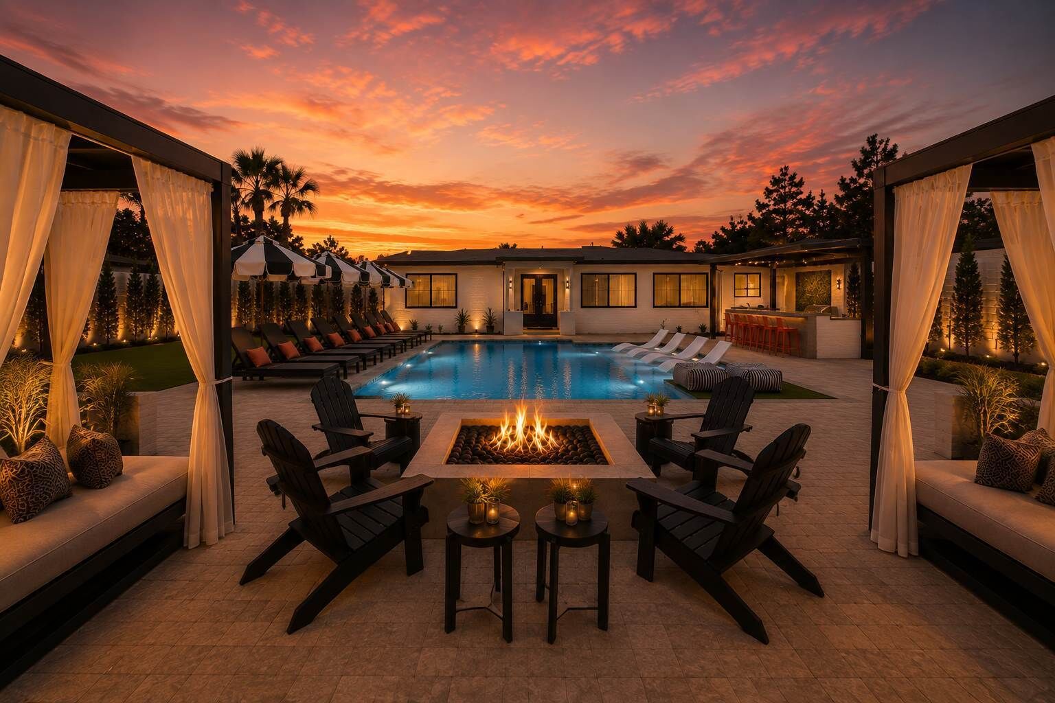 Un espace aménagé au bord de la piscine, avec des chaises longues, un foyer et un coin bar.