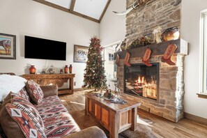 TV connectée, cheminée, livres