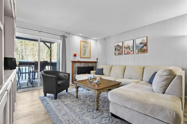 Smart TV, fireplace, books