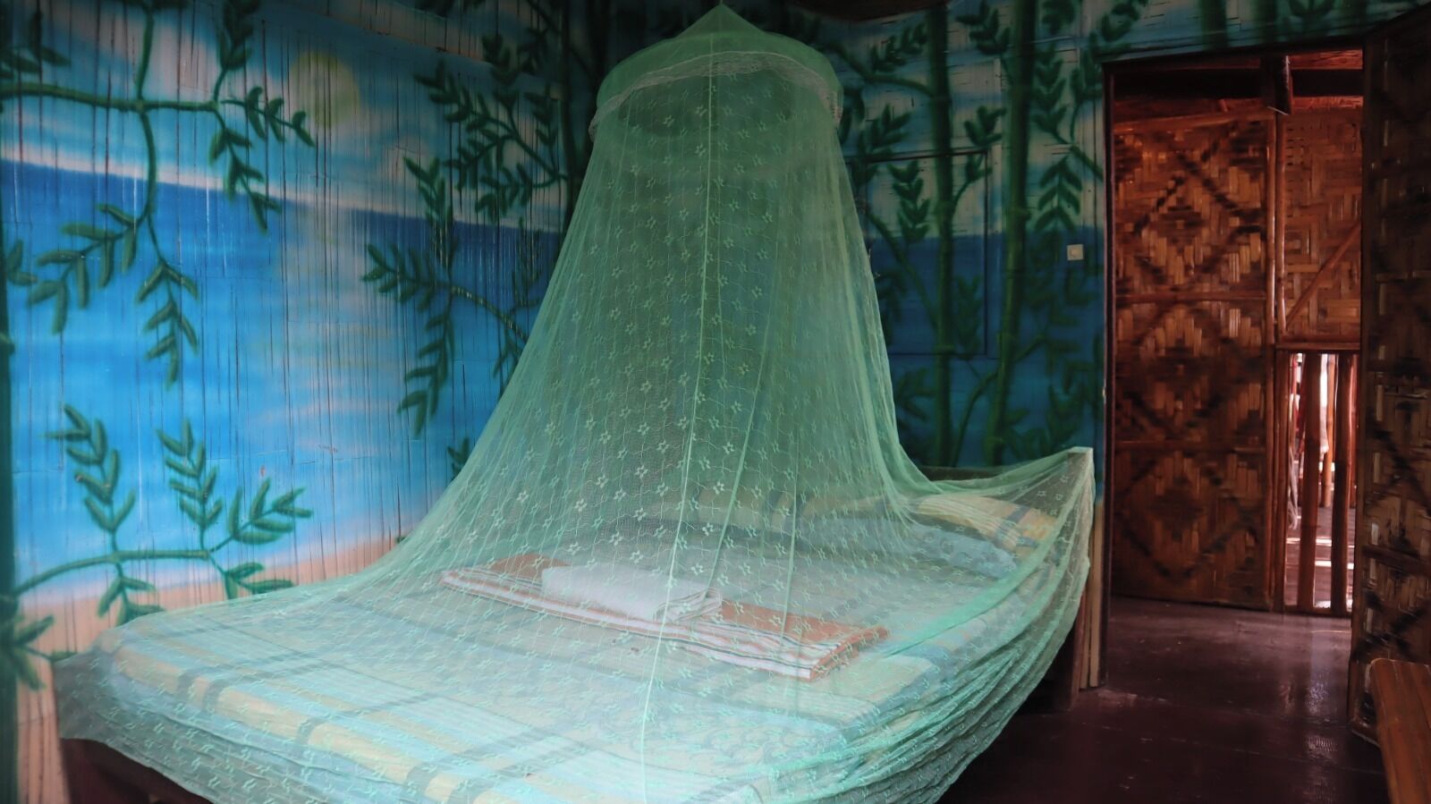 A room with a bed covered by a mosquito net.