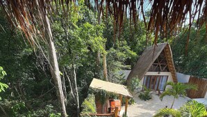 Una escalera de madera conduce a una construcción con techo de paja rodeada de abundante vegetación.