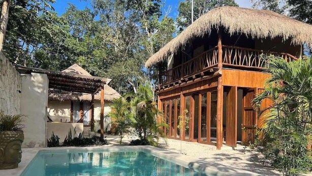 Un área de piscina con una estructura de techo de paja, un edificio de madera con ventanas grandes y abundante vegetación.