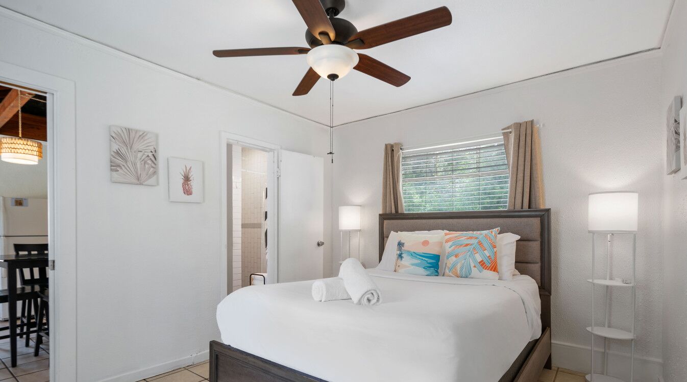 A bedroom with a bed, a ceiling fan, a window with curtains, and a bedside table with a lamp.