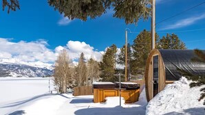 Une cabane en bois avec une porte en verre, entourée de neige et d’arbres, avec des montagnes en arrière-plan.