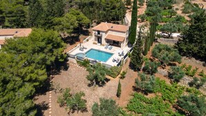 An aerial view of a villa with a swimming pool, surrounded by dense trees and a stone pathway. - Villa Nephos - Beautiful sea views (Koiliomenos)