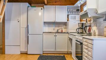 Fridge, microwave, dishwasher, cookware/dishes/utensils