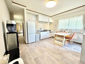 Fridge, microwave, cookware/dishes/utensils