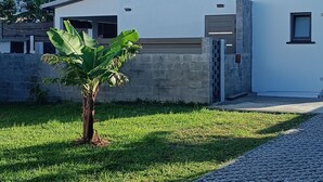 A modern house with a paved driveway, a small tree, and a clear blue sky. - Cosy, comfortable villa 15 minutes from the sea (Saint-Pierre)