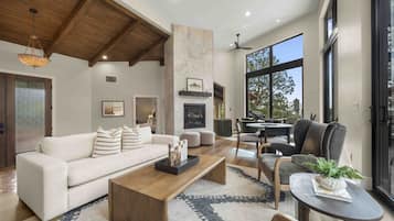 Smart TV, fireplace, books