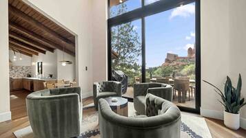 Smart TV, fireplace, books