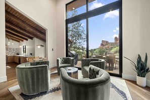 Smart TV, fireplace, books