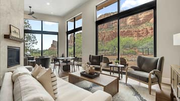 Smart TV, fireplace, books