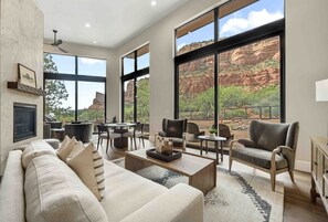 Smart TV, fireplace, books