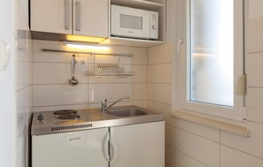 Fridge, microwave, griddle, cookware/dishes/utensils