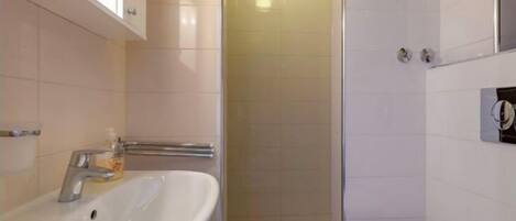 A bathroom with a sink, toilet, and shower area.