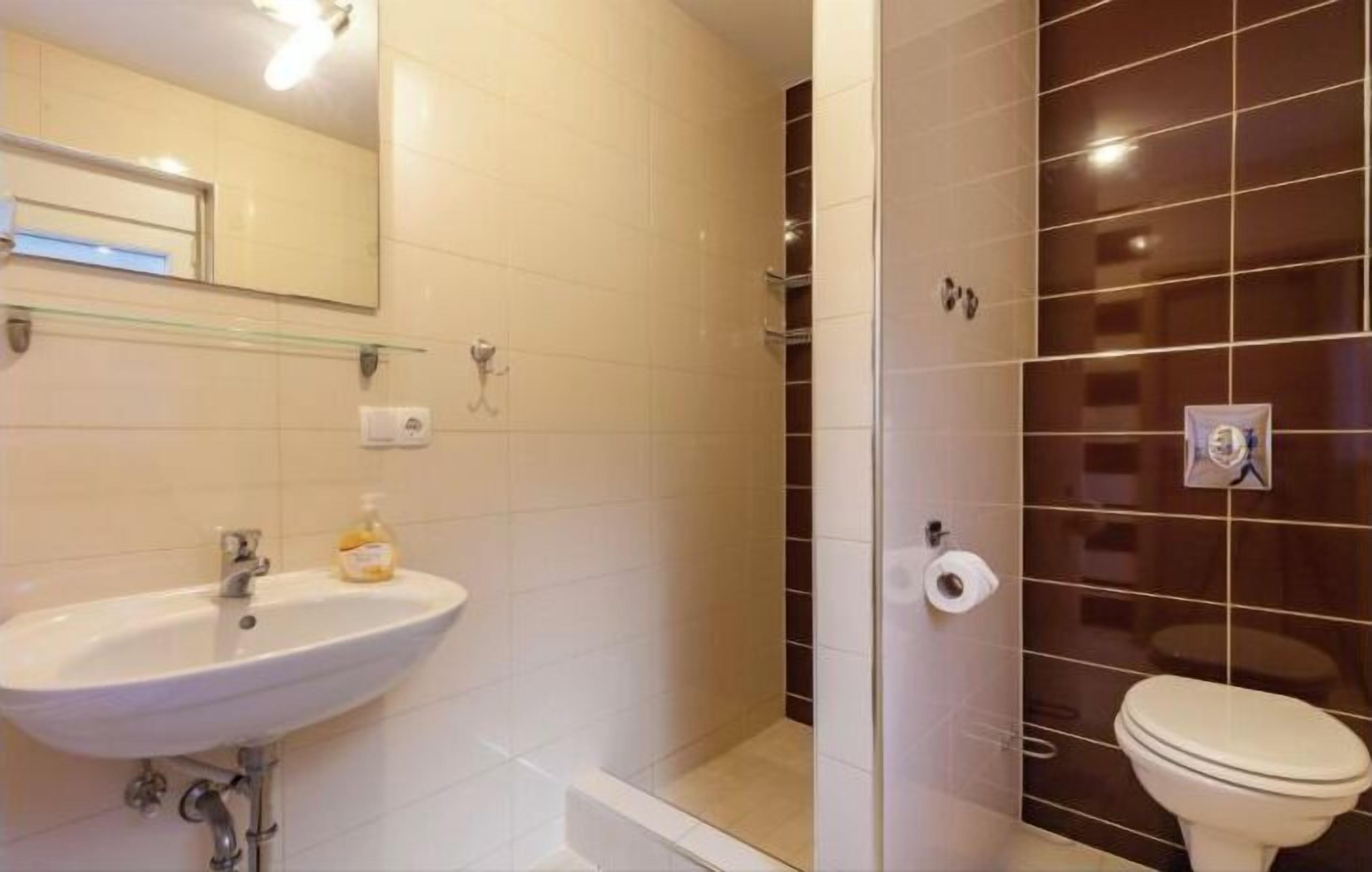 A bathroom with a sink, mirror, glass shelf, shower, and toilet.