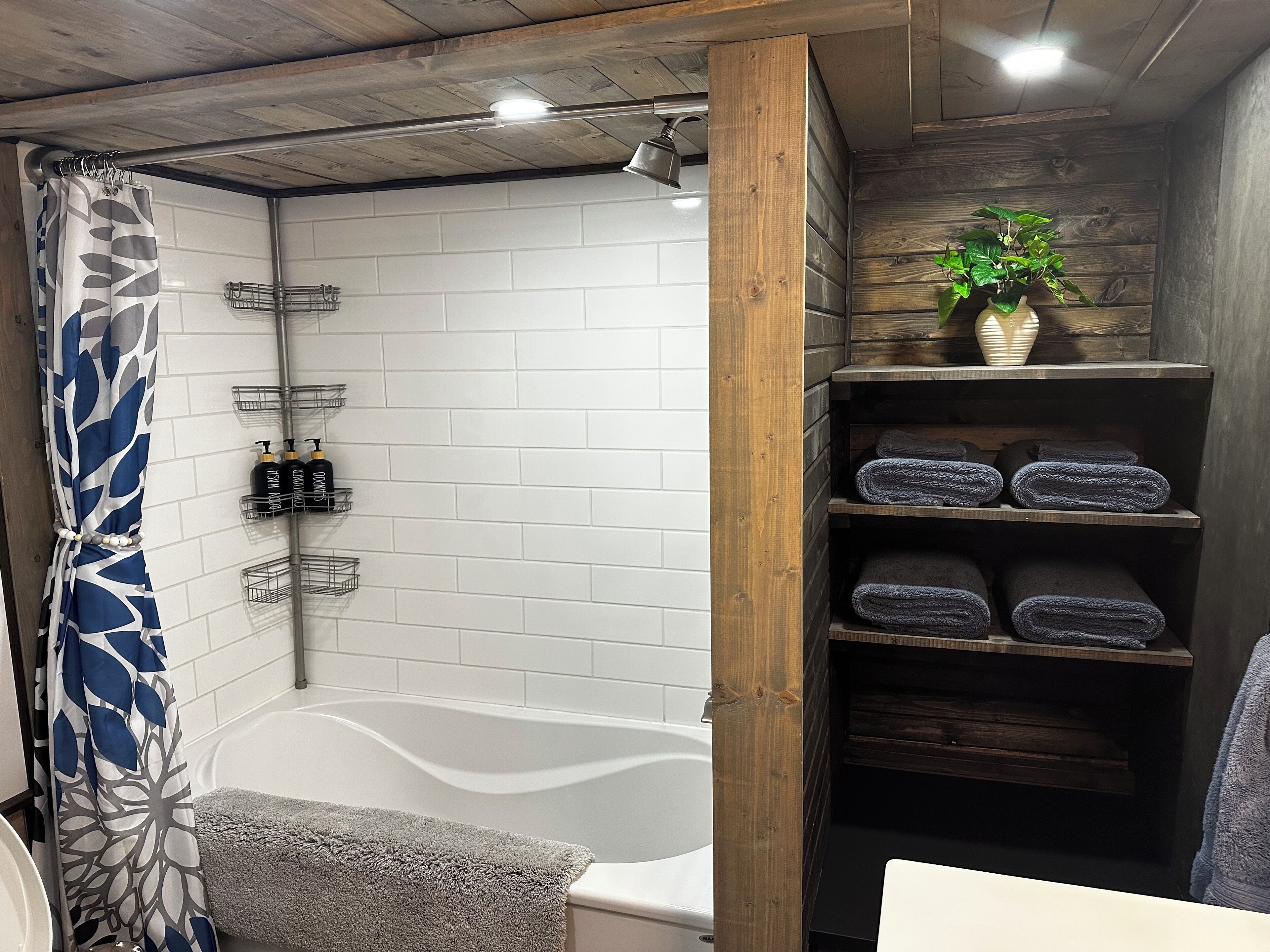 Hair dryer, towels, soap, shampoo