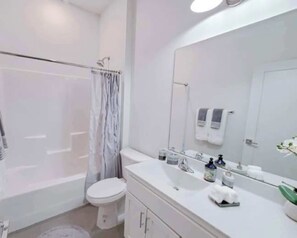 Hair dryer, towels, soap, toilet paper