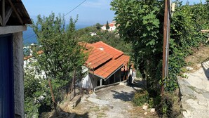 A rural path leading to a house with a red-tiled roof, surrounded by greenery and overlooking a distant view.