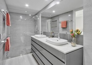 Shower, hair dryer, towels, soap