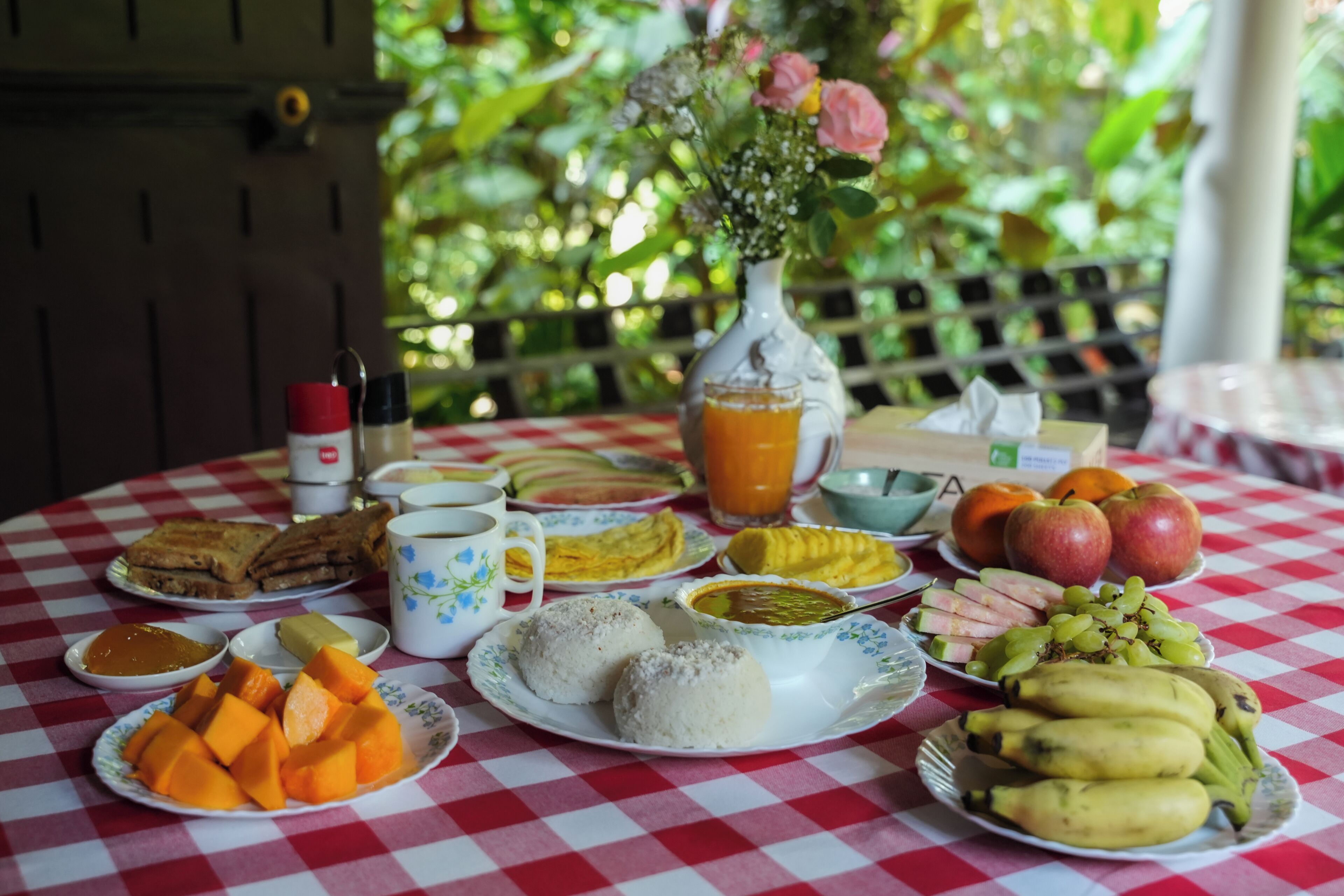 Un tavolo imbandito con diversi cibi, tra cui frutta, verdura e una bevanda, su una tovaglia a quadretti rossi e bianchi.