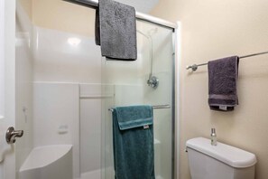 Shower, hair dryer, towels