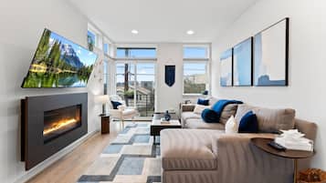 Una Smart TV, una chimenea, libros