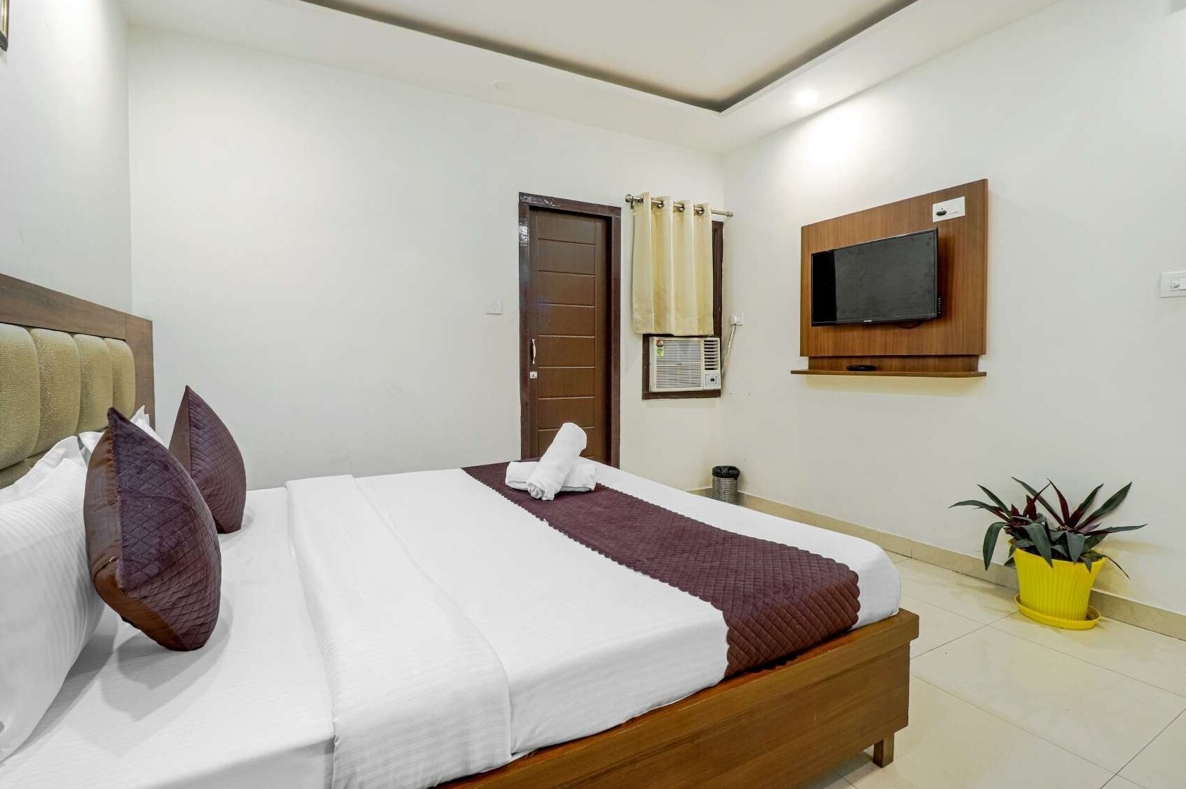 A hotel room with a bed, a TV mounted on the wall, a potted plant, and a window with curtains.