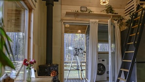 A room with a telescope, a washing machine, and a ladder. - Metai Miške&a Year in the Forest (Paliepis)