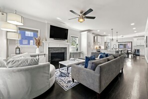 Smart TV, fireplace, books