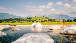 A serene landscape with a clear stream, large rocks, and distant mountains under a blue sky. - Apartment in Kleinarl near Ski Slopes (Kleinarl)