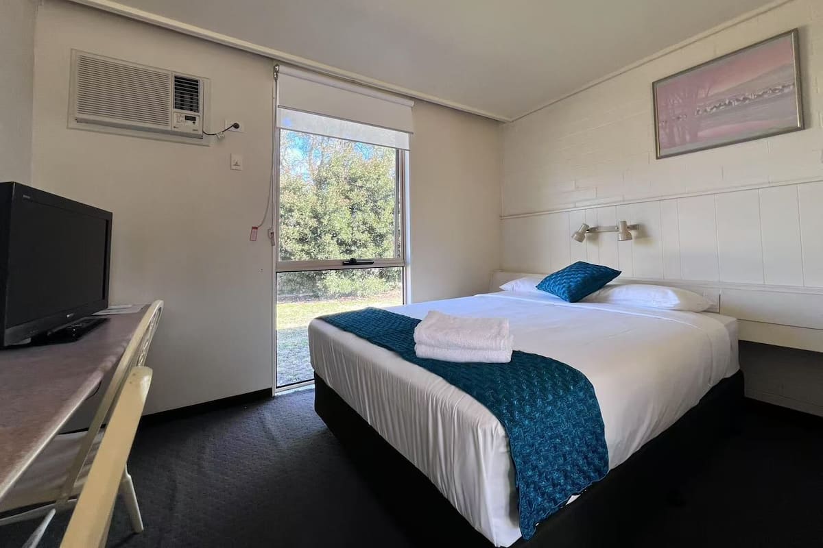 A hotel room with a bed, a desk with a television, and a window overlooking a garden.
