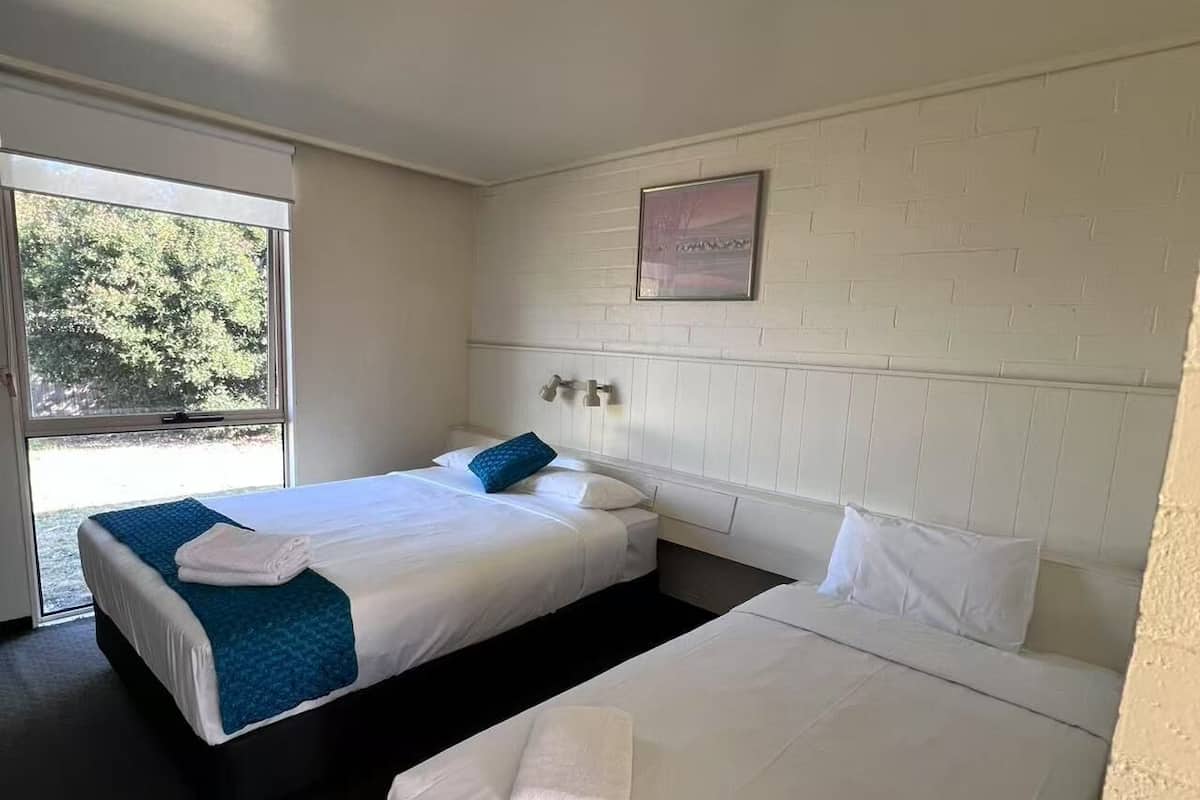 A hotel room with two single beds, a large window with a view of trees, and a white brick wall with a framed picture.