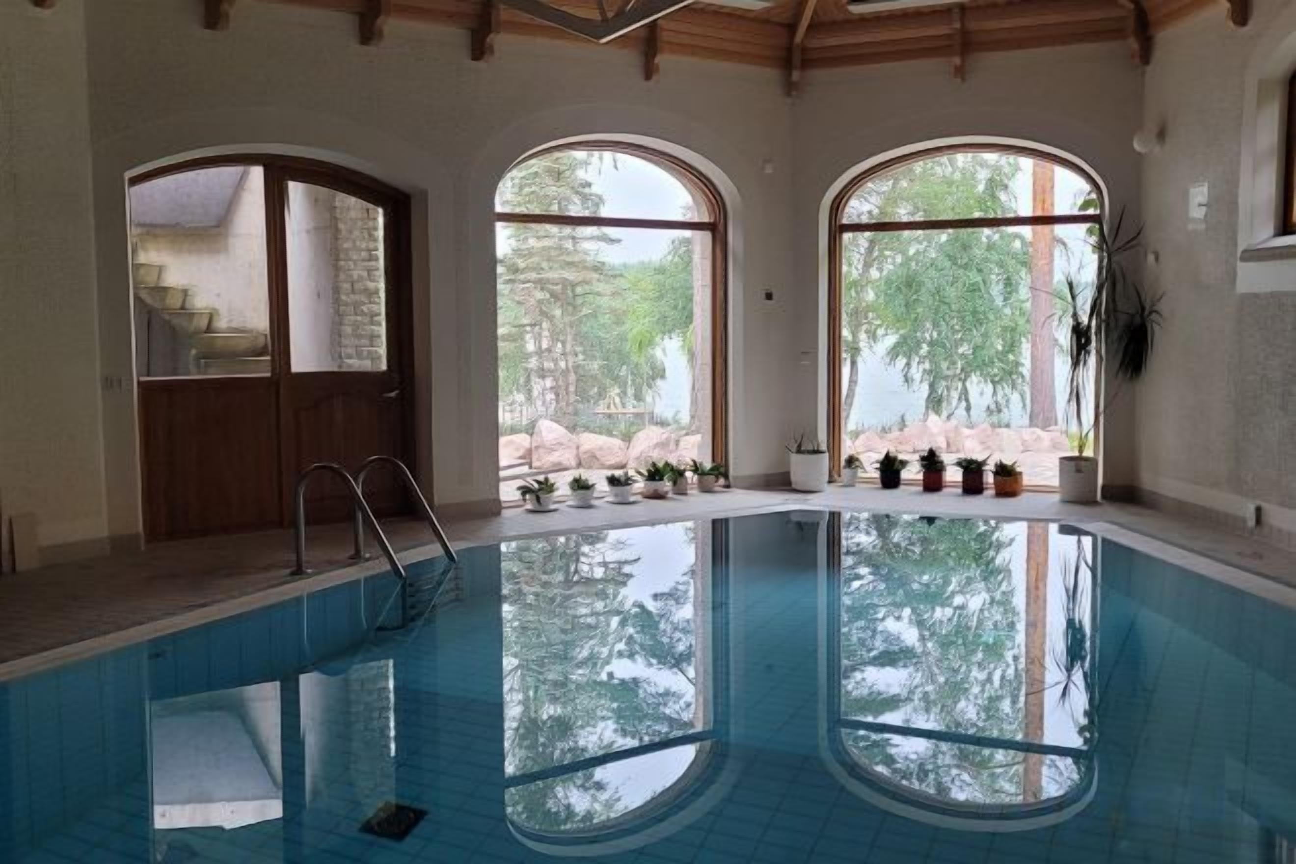 An indoor swimming pool with arched windows, a wooden door, and potted plants.