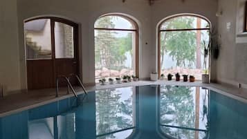 An indoor swimming pool with arched windows, a wooden door, and potted plants.