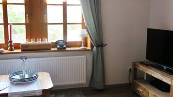 Une pièce avec une table en bois, un téléviseur posé sur un meuble en bois, une fenêtre avec des rideaux et un radiateur.