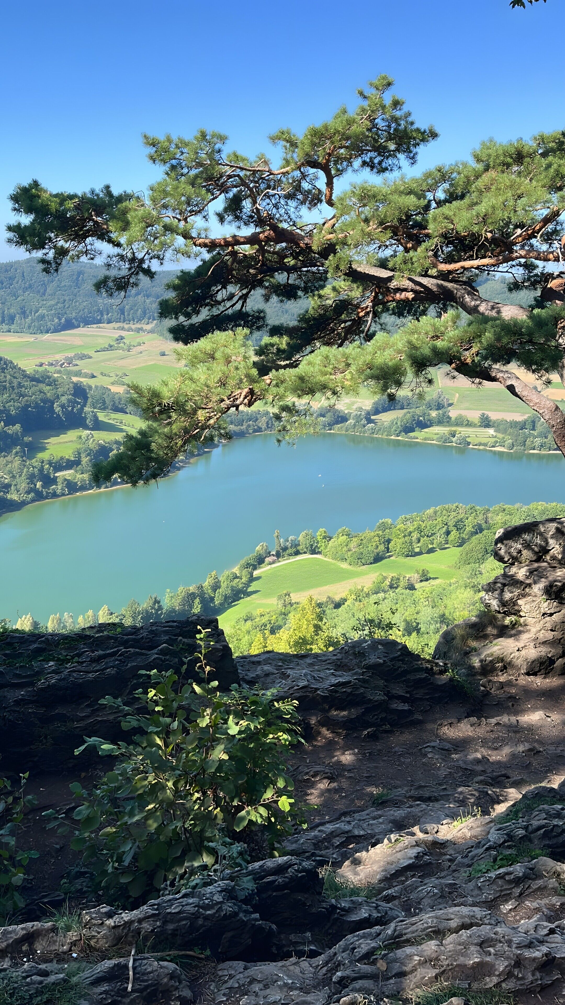 Un lago rodeado de árboles y colinas.