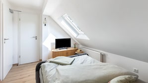 A bedroom with a bed, a TV, a desk, and a skylight.
