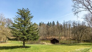 A cabin by a lake surrounded by trees.