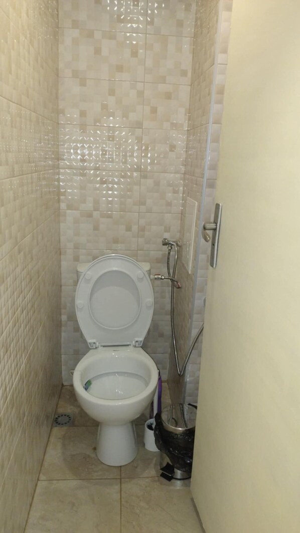 A small, tiled bathroom with a toilet, a shower, and a toilet brush.