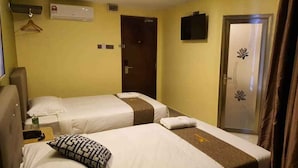 Een hotelkamer met twee bedden, een televisie, airconditioning en een deur met decoratief ontwerp.