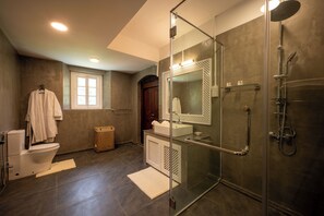 Shower, bathrobes, towels, soap