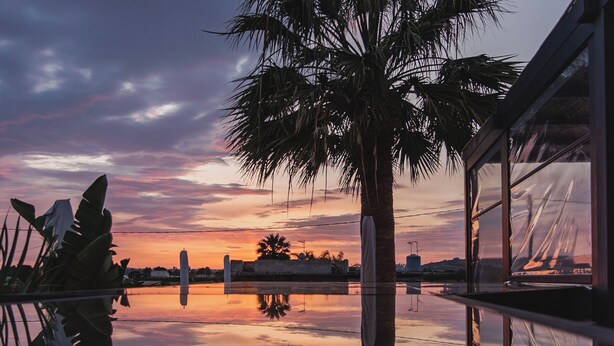 A serene sunset view with a palm tree reflecting in a calm pool, a chair, and a building with large windows. - VILLA SALISA' (Menfi)