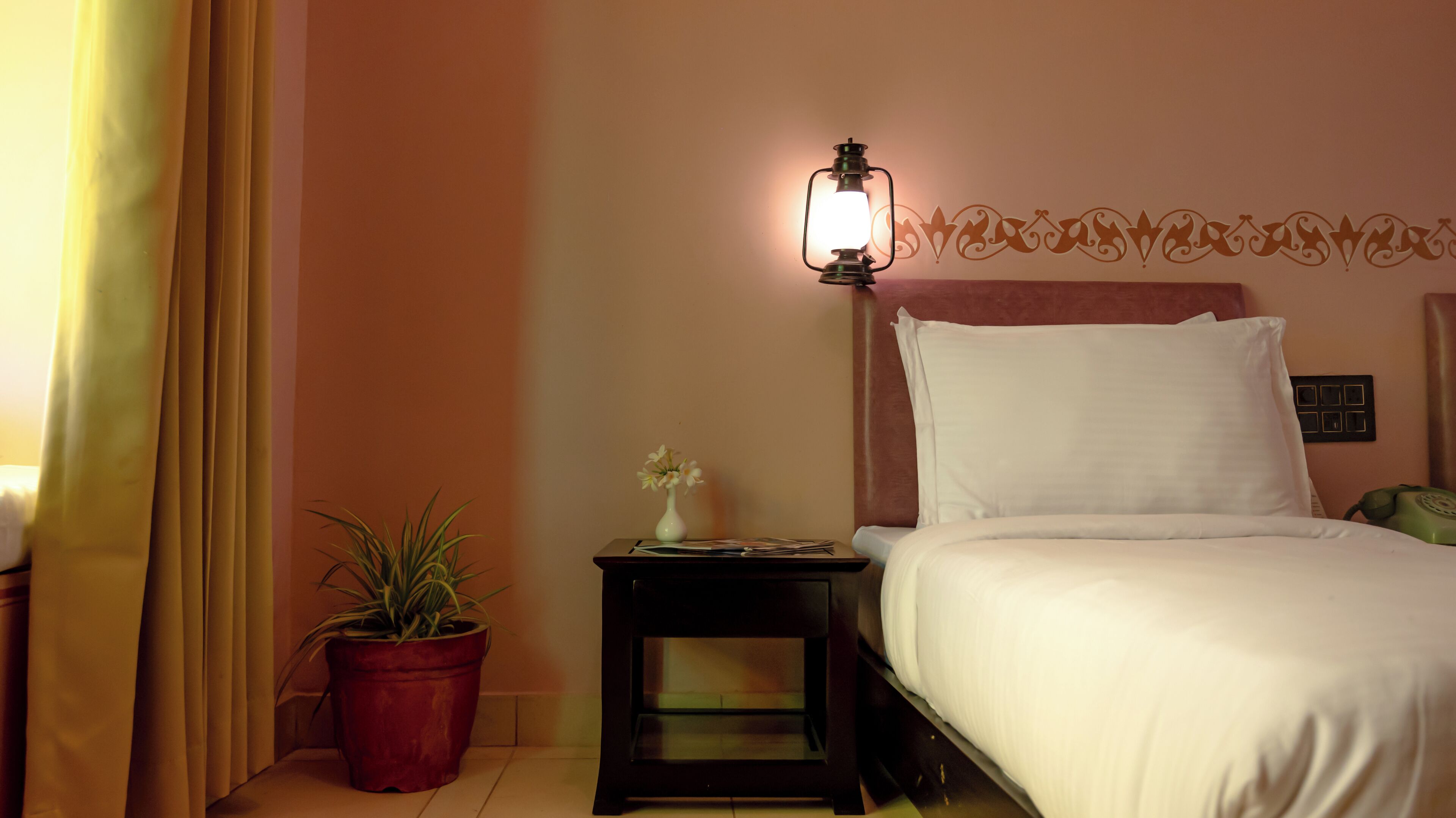 A hotel room with a bed, a nightstand, a lamp, a potted plant, and a decorative wall panel.