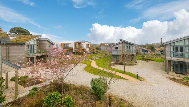 A residential area with modern houses, a gravel driveway, and a small garden with flowering plants.