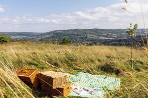 A picnic setup with a basket and a checkered blanket on a grassy hill overlooking a town.