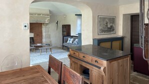 A rustic kitchen with wooden cabinetry, a dining table, and a cozy seating area with a sofa and a fireplace.
