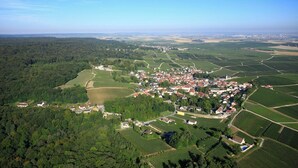 Une vue aérienne d’une ville dont le centre est constitué d’un ensemble de bâtiments, le tout étant entouré de champs agricoles.