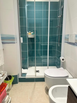 Douche, sĂšche-cheveux, bidet, serviettes fournies