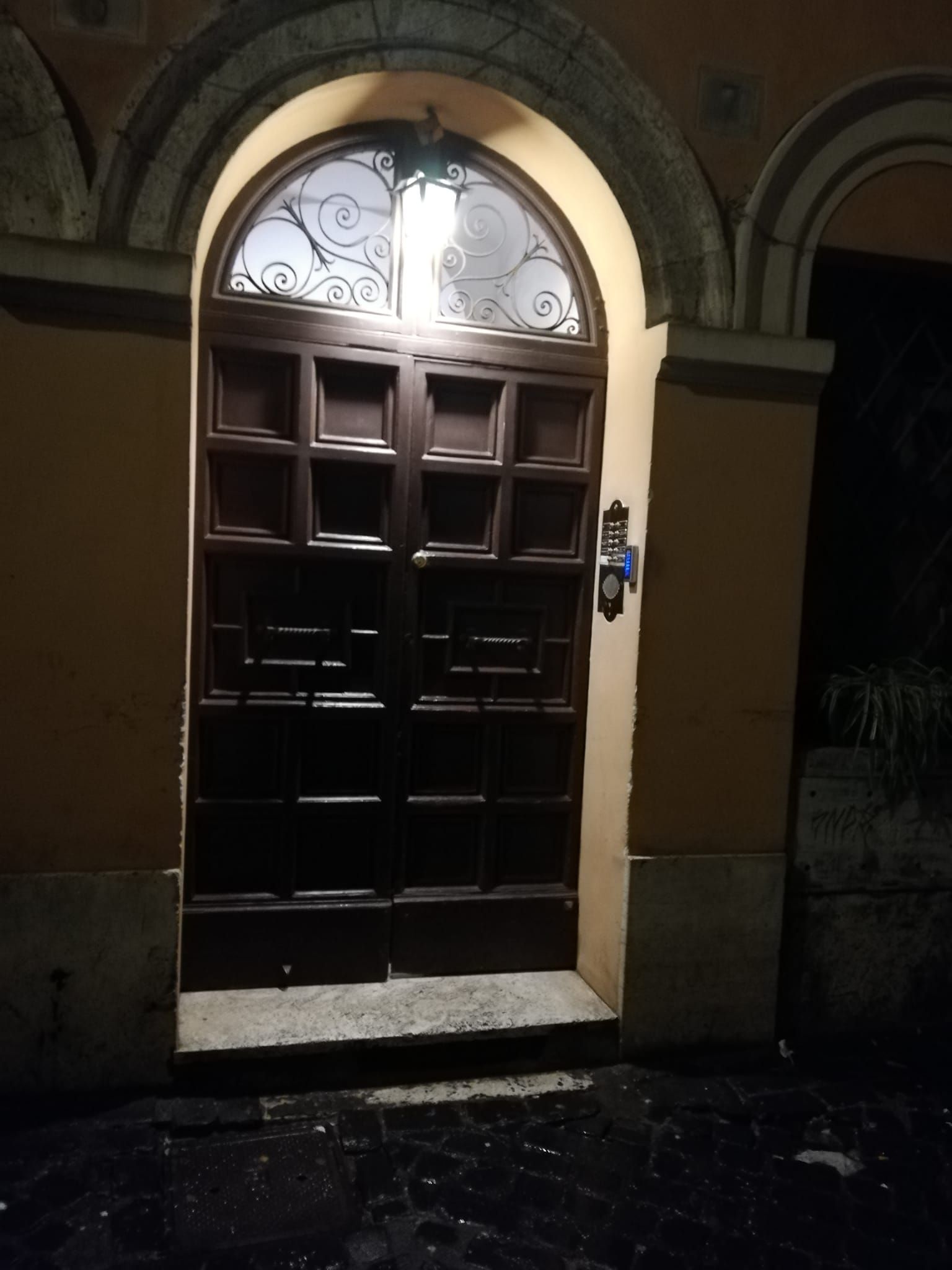 Une porte en bois sombre, surmontée d’une fenêtre décorative en verre, le tout encadré dans une arche en pierre.